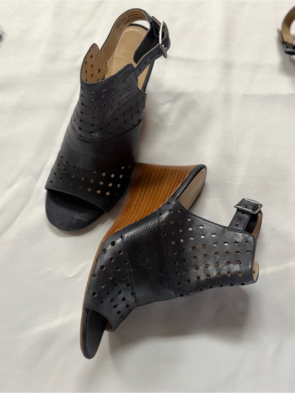 Navy Perforated Leather Wedge Sandals - Women